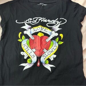 Ed Hardy Black Tee with Heart and Banner Design